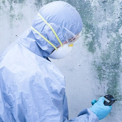 Environmental specialist testing mold on a wall using a specialized detection device.